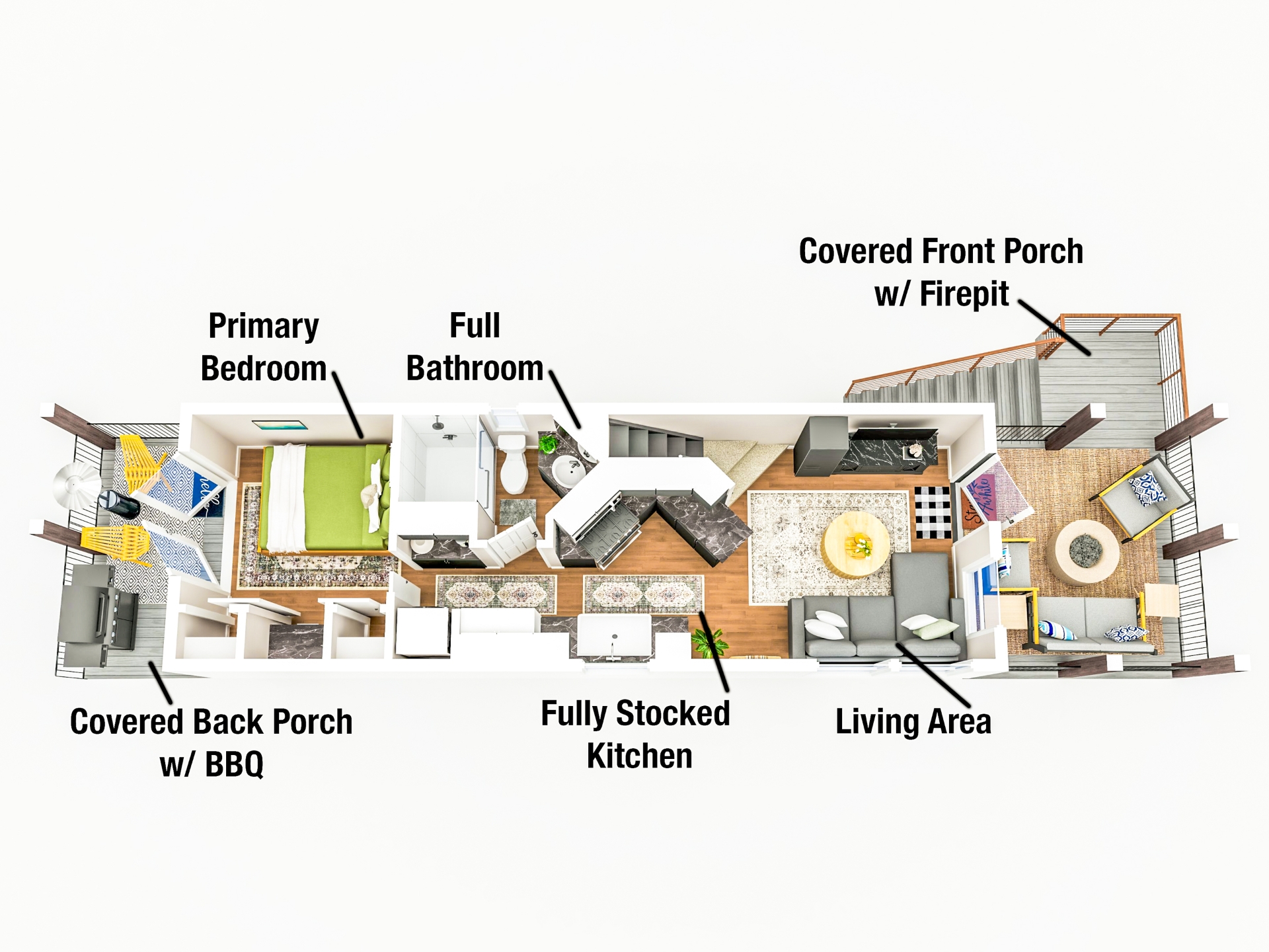 Annotated floor plan showing the main level with bedroom, bathroom, kitchen, living area, and porches